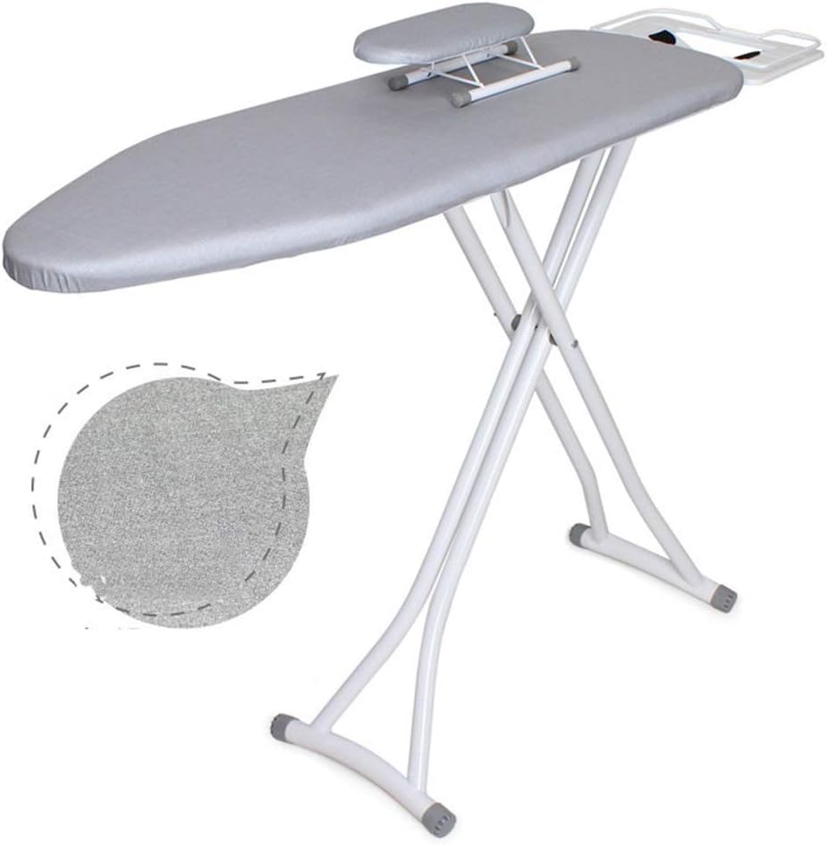 Cette table de repassage comprend une structure pliante avec une partie textile en coton