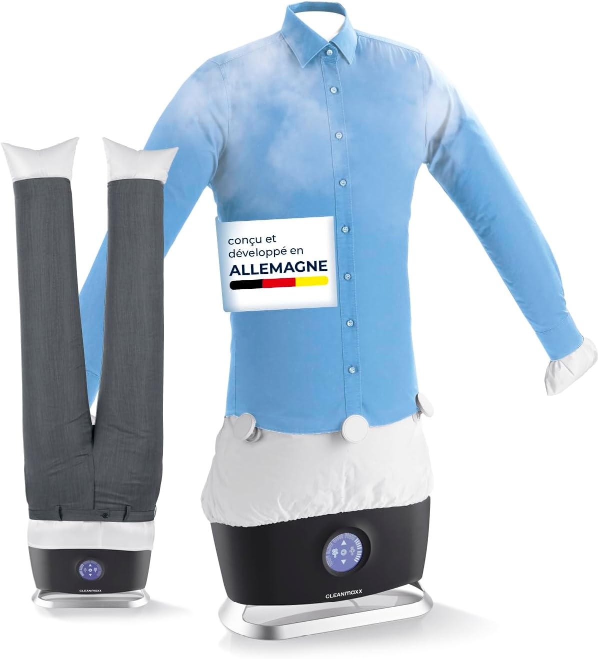 Le mannequin de repassage associe une surface de travail elargie a une tige telescopique